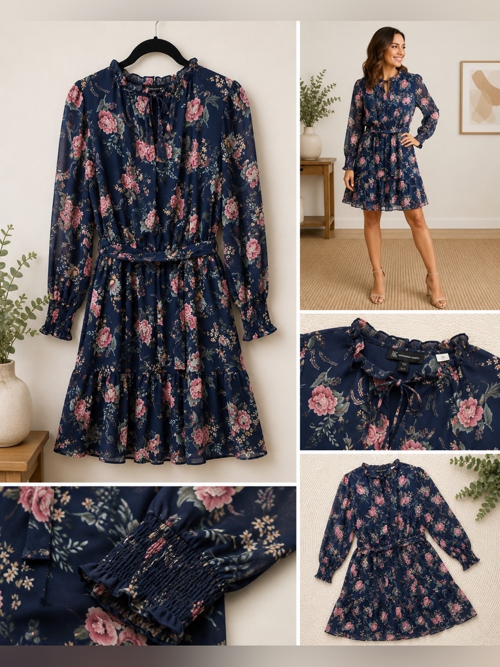 INC International Concepts Navy Floral Long Sleeve Dress Size 16 Boho Tie Waist